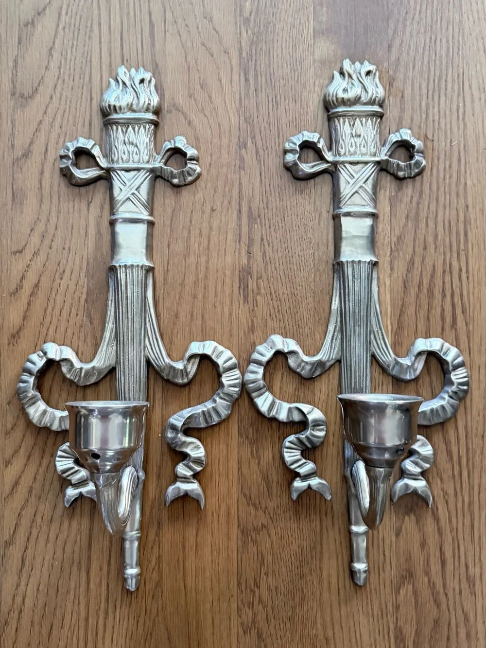 Gold brass Ribbon Torch Wall Sconces - Pair candle holders vintage